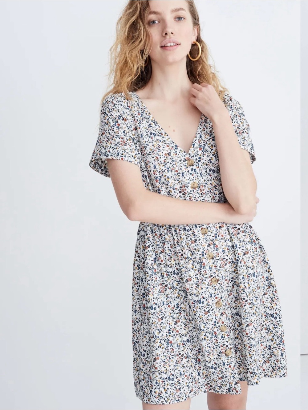 Madewell White Floral Button-Front Dress with Navy, Red & Mustard Accents